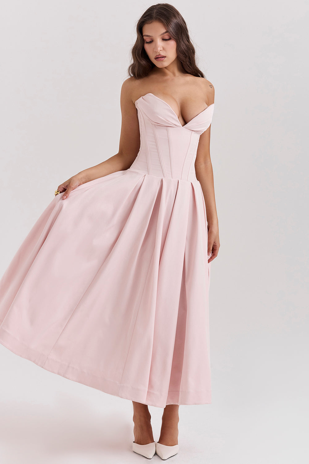 Women’s Strapless Midi Dress – Structured Bodice – A-Line Silhouette – Satin Feel