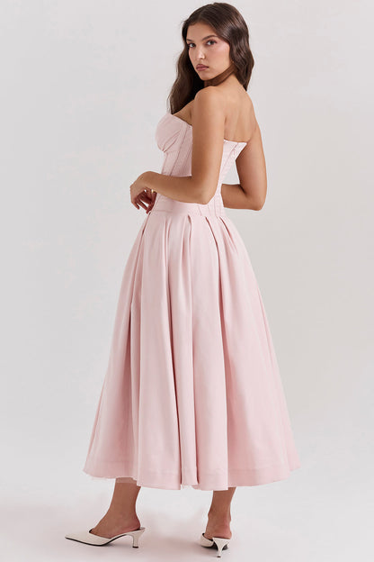 Women’s Strapless Midi Dress – Structured Bodice – A-Line Silhouette – Satin Feel