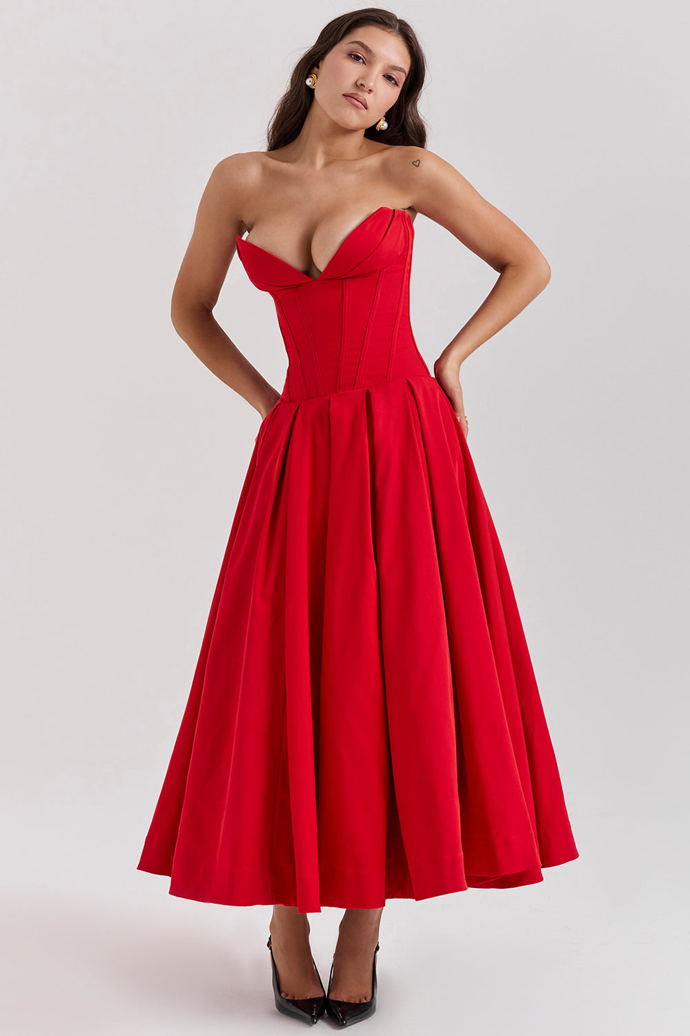 Women’s Strapless Midi Dress – Structured Bodice – A-Line Silhouette – Satin Feel