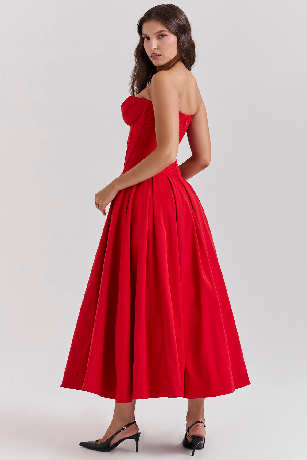 Women’s Strapless Midi Dress – Structured Bodice – A-Line Silhouette – Satin Feel