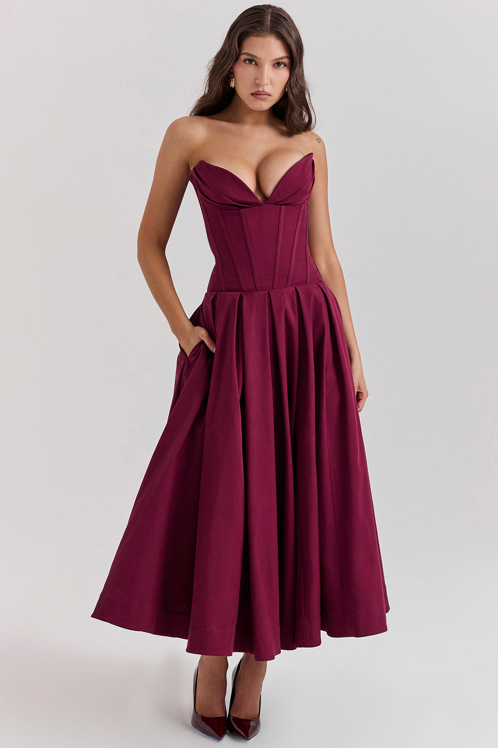 Women’s Strapless Midi Dress – Structured Bodice – A-Line Silhouette – Satin Feel