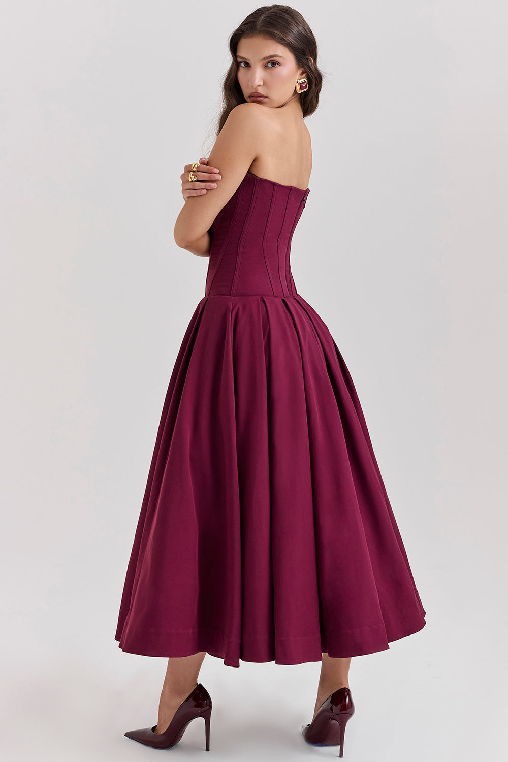 Women’s Strapless Midi Dress – Structured Bodice – A-Line Silhouette – Satin Feel