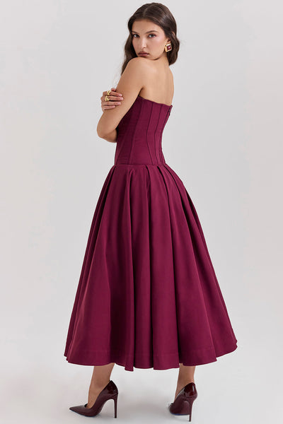 Women’s Strapless Midi Dress – Structured Bodice – A-Line Silhouette – Satin Feel