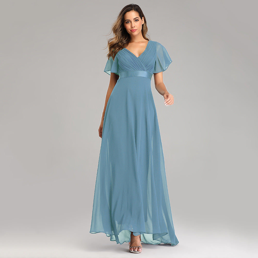 Women's Evening Gown - V-Neck with Flutter Sleeves - Flowing Maxi Length