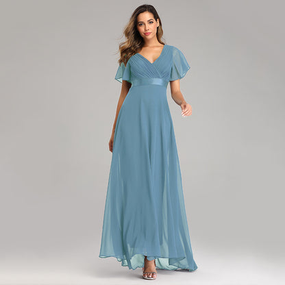 Women's Evening Gown - V-Neck with Flutter Sleeves - Flowing Maxi Length