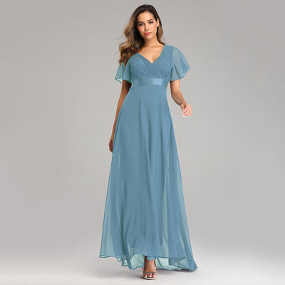 Women's Evening Gown - V-Neck with Flutter Sleeves - Flowing Maxi Length