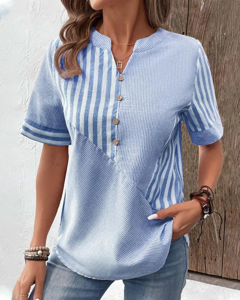 Women's Blouse - Lightweight Breathable Fabric - Striped - Mandarin Collar - Short Cuffed Sleeves