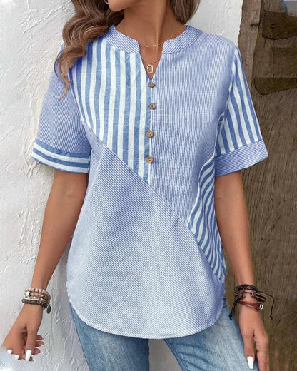 Women's Blouse - Lightweight Breathable Fabric - Striped - Mandarin Collar - Short Cuffed Sleeves