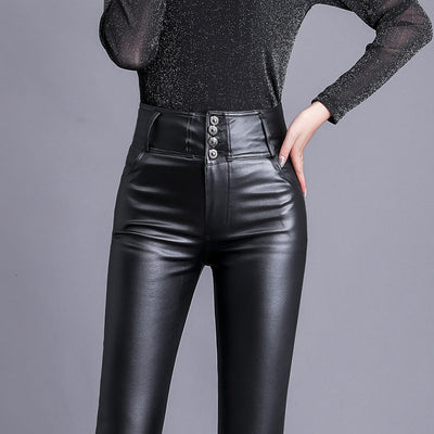 Women's High-Waisted Leather Trousers – Skinny Fit – Button Front – Sleek & Stylish