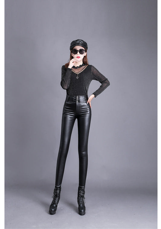 Women's High-Waisted Leather Trousers – Skinny Fit – Button Front – Sleek & Stylish