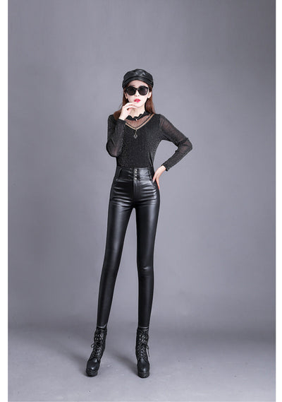 Women's High-Waisted Leather Trousers – Skinny Fit – Button Front – Sleek & Stylish