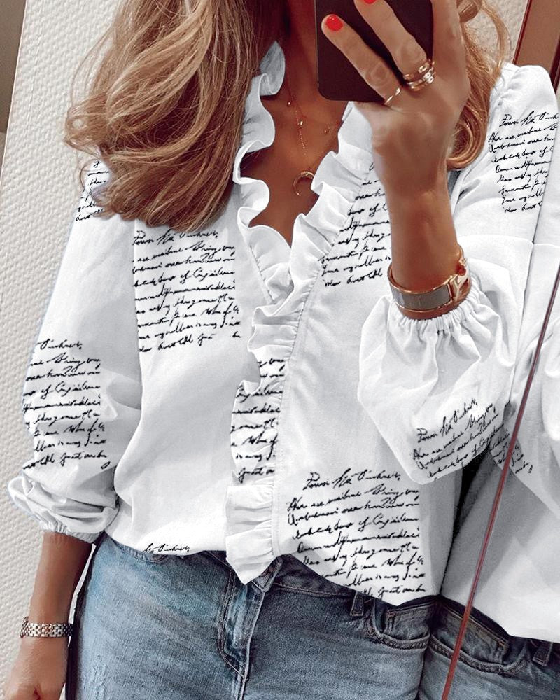 Women's Blouse - Ruffled Neckline - Tailored Fit - Three-Quarter Sleeves - Lightweight Fabric