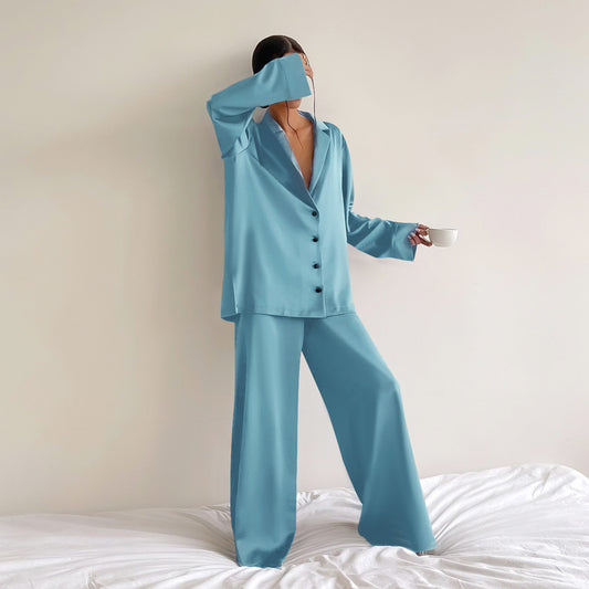 Women's Lounge Set - Button-Up Shirt & Wide-Leg Pants - Soft Notched Collar - Relaxed Fit