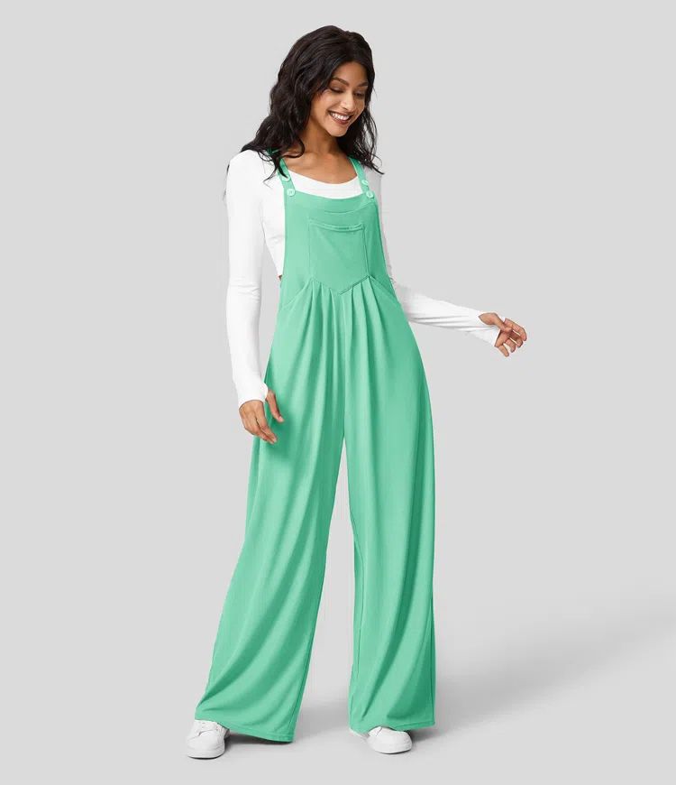 Women's Wide-Leg Overalls - Relaxed Fit - Button Strap - Casual Lightweight Wear