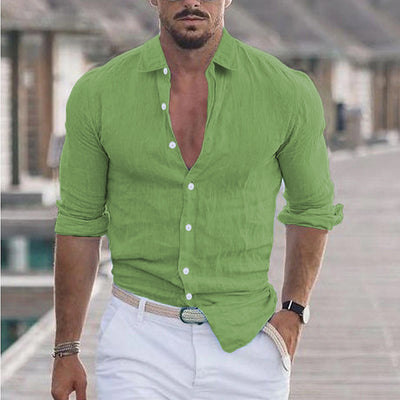 Men’s Linen Blend Shirt - Slim Fit - Long Sleeve Band Collar - Breathable Button-Up