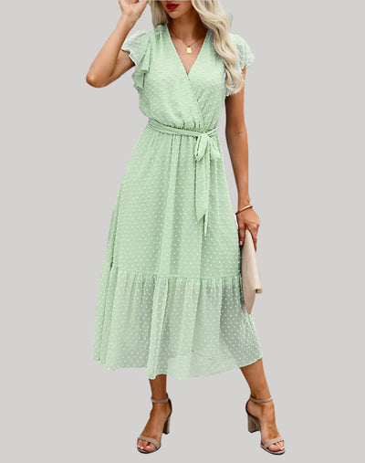 Women's Flared Dress - V-Neck - Short Puffed Sleeves - Ruffled Hem - Relaxed Fit