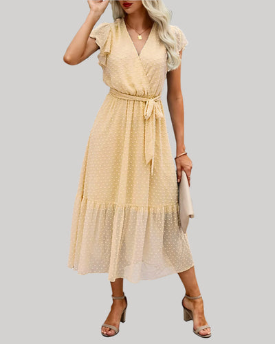 Women's Flared Dress - V-Neck - Short Puffed Sleeves - Ruffled Hem - Relaxed Fit