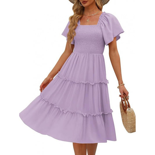 Women's Midi Dress - Smocked Bodice - Ruffled Hem - Lightweight Elegant Fit
