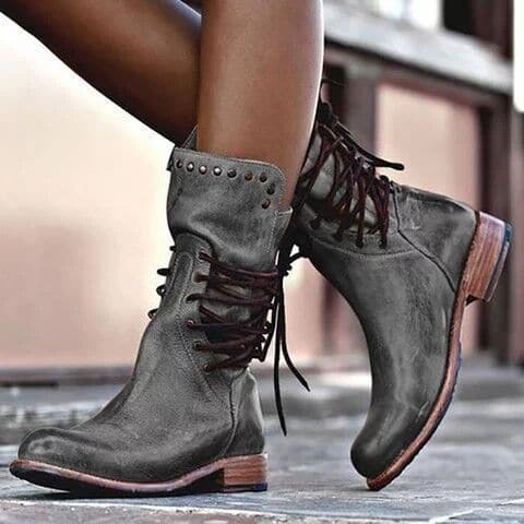 Women’s Mid-Calf Leather Boots – Lace-Up Fit – Metal Studs – Low Heel – Stitch Detail