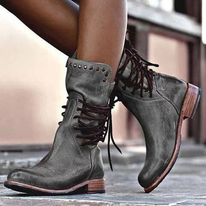 Women’s Mid-Calf Leather Boots – Lace-Up Fit – Metal Studs – Low Heel – Stitch Detail