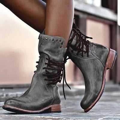 Women’s Mid-Calf Leather Boots – Lace-Up Fit – Metal Studs – Low Heel – Stitch Detail