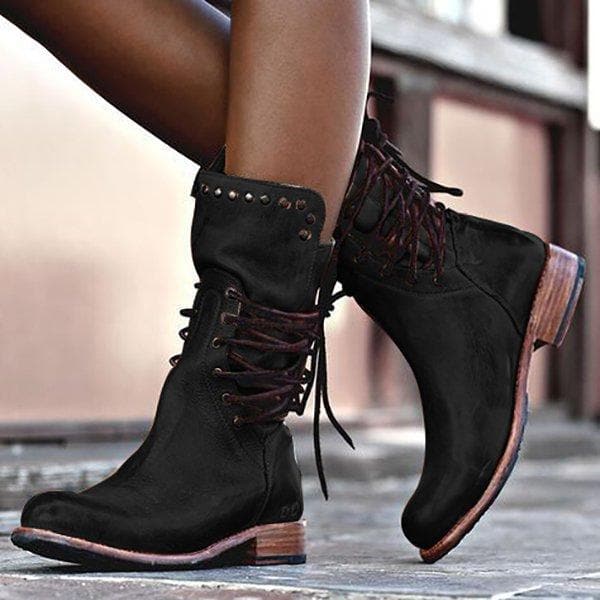 Women’s Mid-Calf Leather Boots – Lace-Up Fit – Metal Studs – Low Heel – Stitch Detail