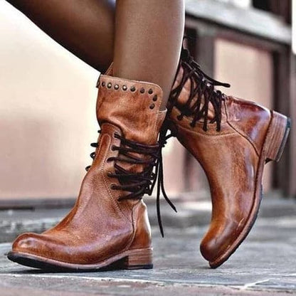 Women’s Mid-Calf Leather Boots – Lace-Up Fit – Metal Studs – Low Heel – Stitch Detail