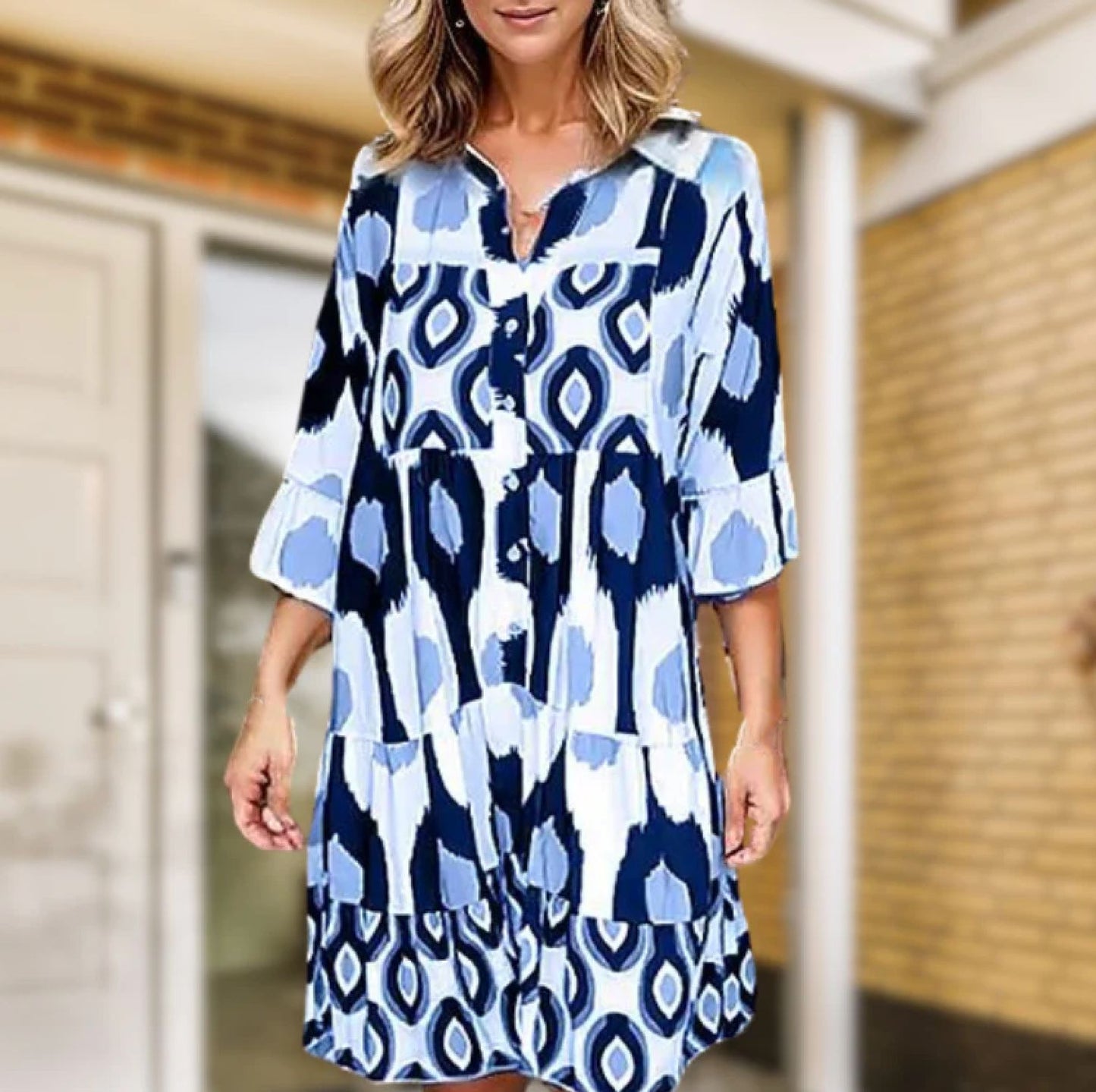 Women's A-Line Dress - V-Neck Button Front - Mid-Length Sleeves - Flowy Casual Fit