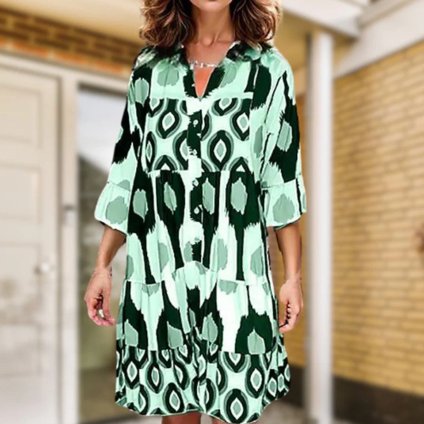 Women's A-Line Dress - V-Neck Button Front - Mid-Length Sleeves - Flowy Casual Fit