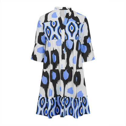 Women's A-Line Dress - V-Neck Button Front - Mid-Length Sleeves - Flowy Casual Fit
