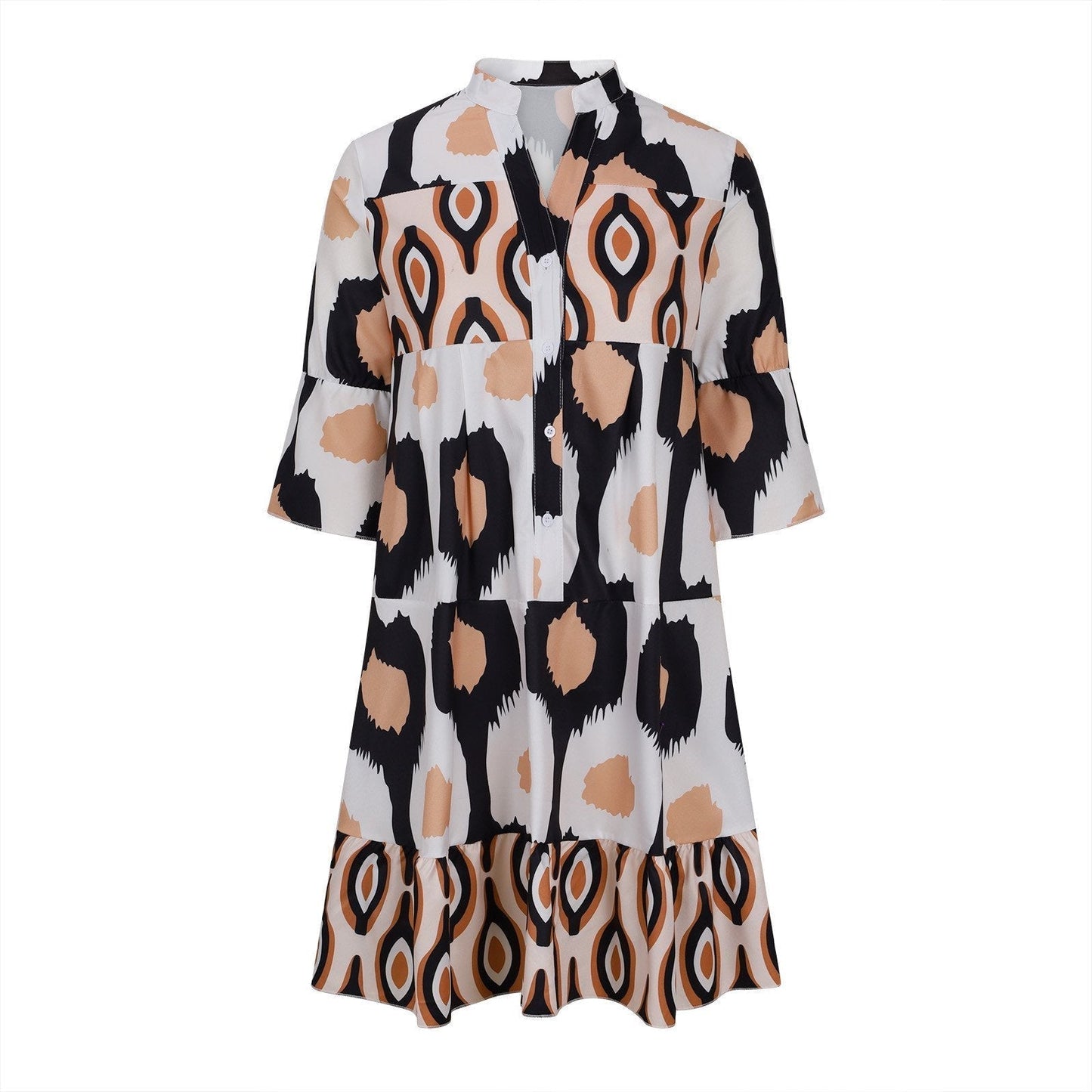 Women's A-Line Dress - V-Neck Button Front - Mid-Length Sleeves - Flowy Casual Fit