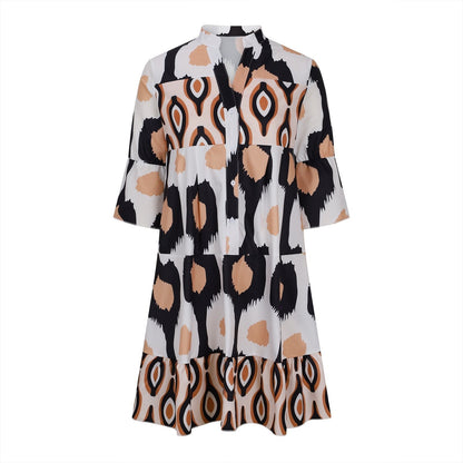 Women's A-Line Dress - V-Neck Button Front - Mid-Length Sleeves - Flowy Casual Fit