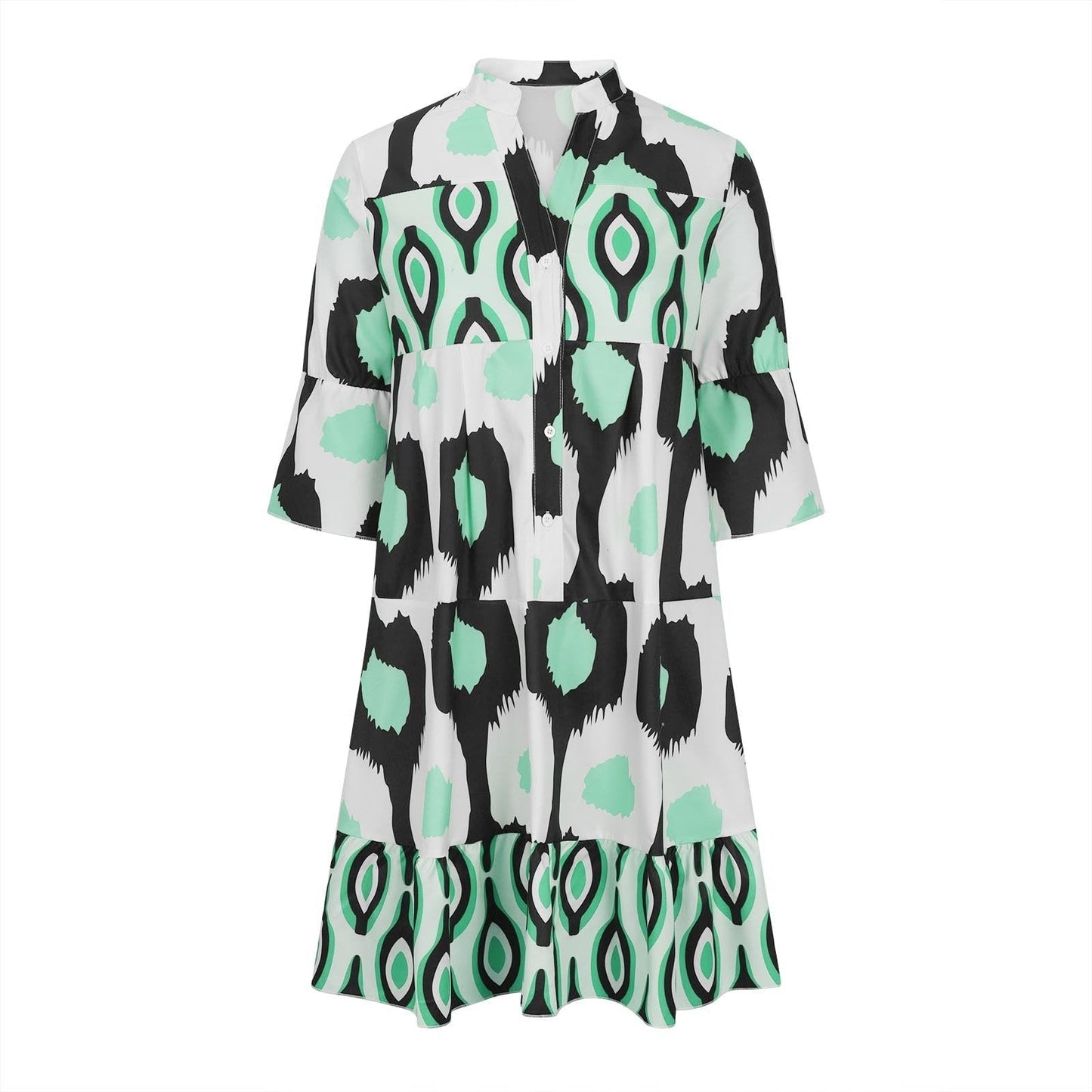 Women's A-Line Dress - V-Neck Button Front - Mid-Length Sleeves - Flowy Casual Fit