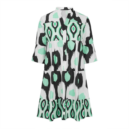 Women's A-Line Dress - V-Neck Button Front - Mid-Length Sleeves - Flowy Casual Fit
