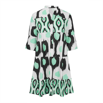 Women's A-Line Dress - V-Neck Button Front - Mid-Length Sleeves - Flowy Casual Fit