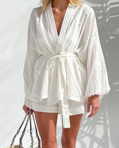 Women's long sleeve kimono top and shorts set