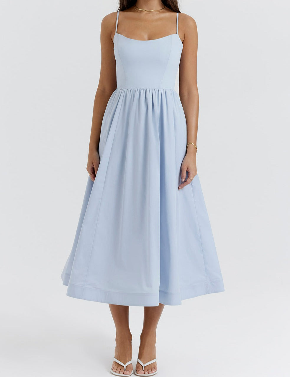 Women's Midi Dress - Spaghetti Straps - Fitted Bodice - A-Line Flowy Silhouette