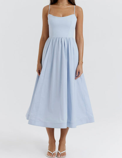 Women's Midi Dress - Spaghetti Straps - Fitted Bodice - A-Line Flowy Silhouette