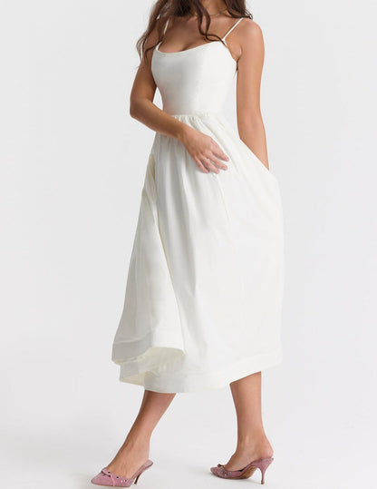 Women's Midi Dress - Spaghetti Straps - Fitted Bodice - A-Line Flowy Silhouette