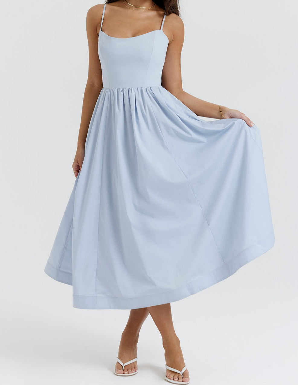 Women's Midi Dress - Spaghetti Straps - Fitted Bodice - A-Line Flowy Silhouette