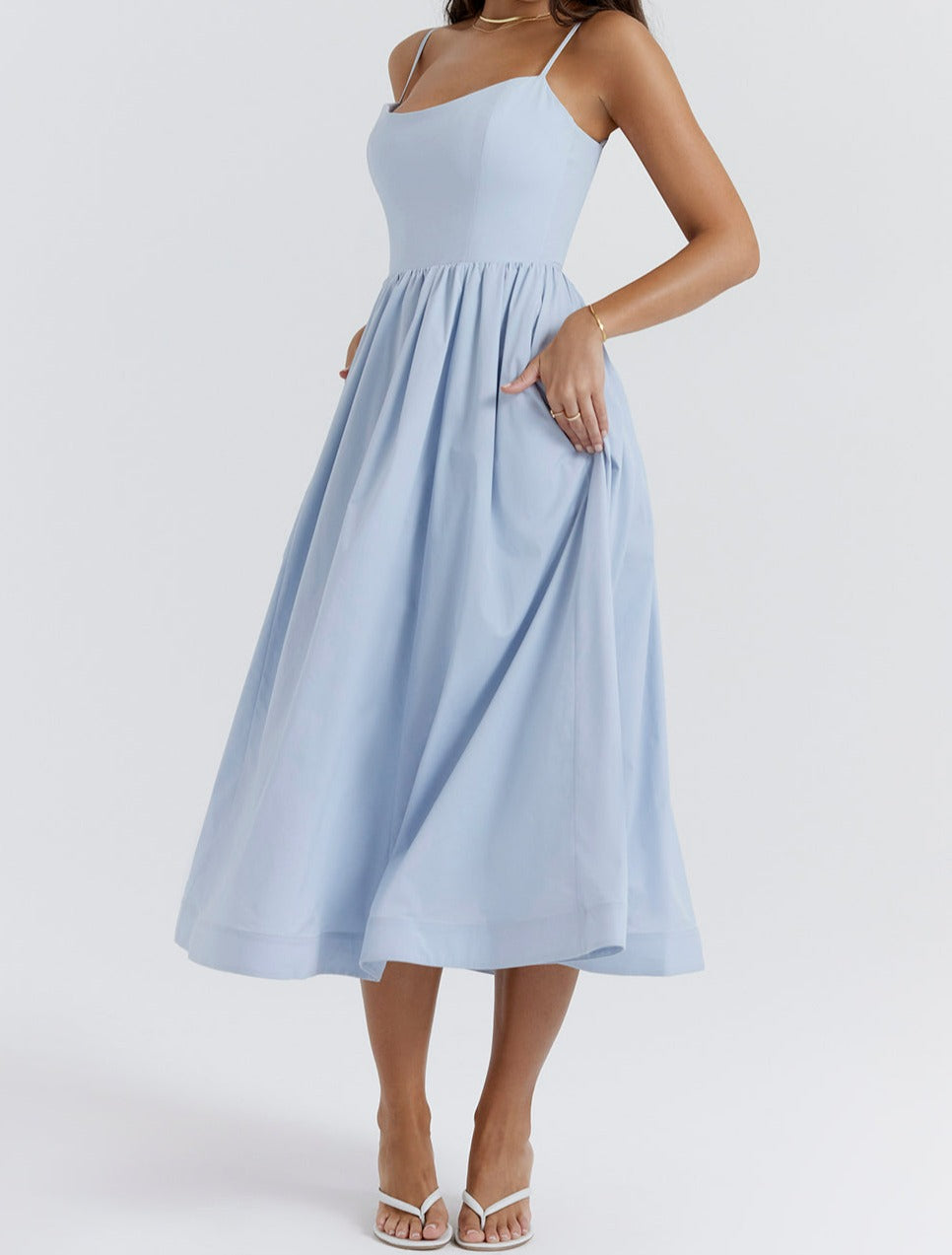 Women's Midi Dress - Spaghetti Straps - Fitted Bodice - A-Line Flowy Silhouette