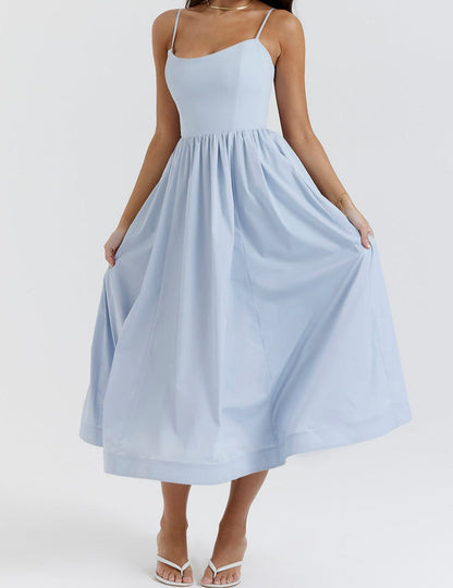 Women's Midi Dress - Spaghetti Straps - Fitted Bodice - A-Line Flowy Silhouette