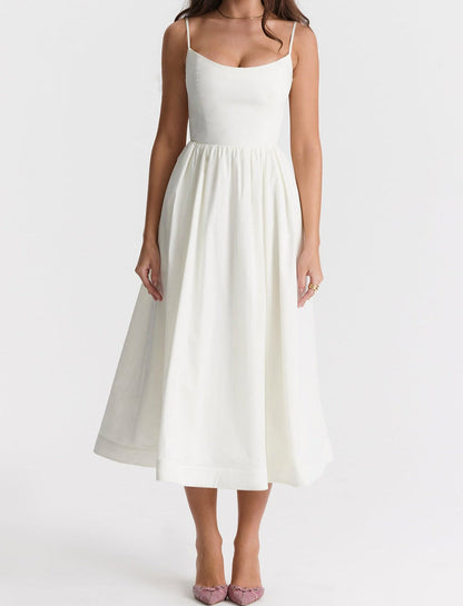Women's Midi Dress - Spaghetti Straps - Fitted Bodice - A-Line Flowy Silhouette