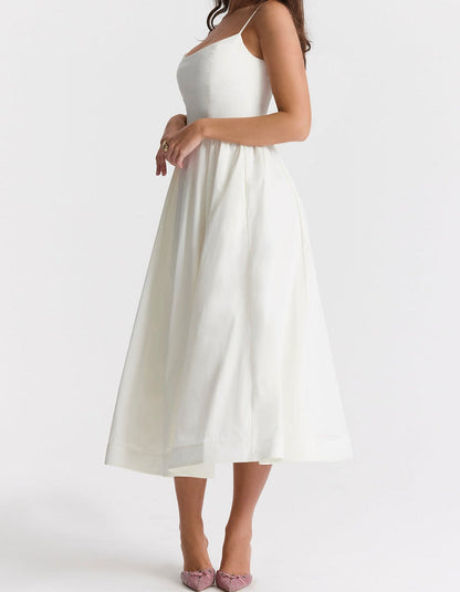 Women's Midi Dress - Spaghetti Straps - Fitted Bodice - A-Line Flowy Silhouette