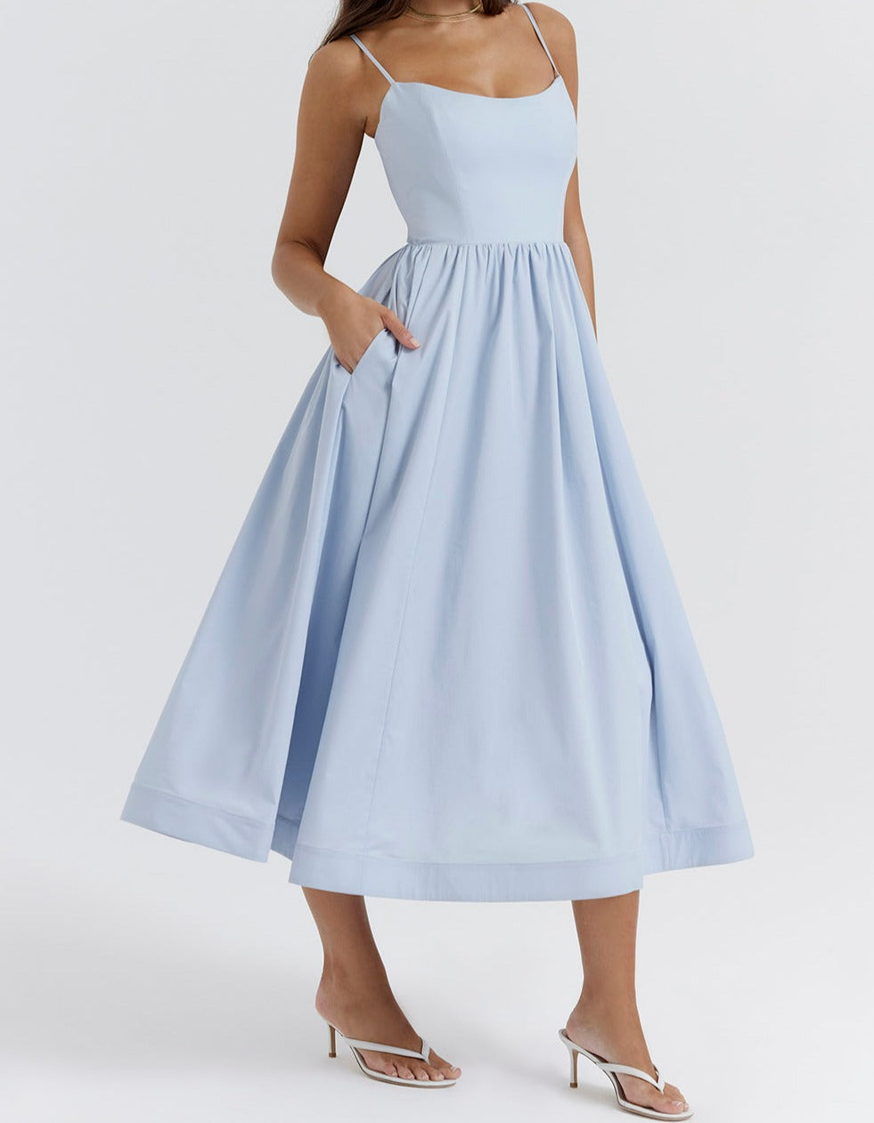 Women's Midi Dress - Spaghetti Straps - Fitted Bodice - A-Line Flowy Silhouette