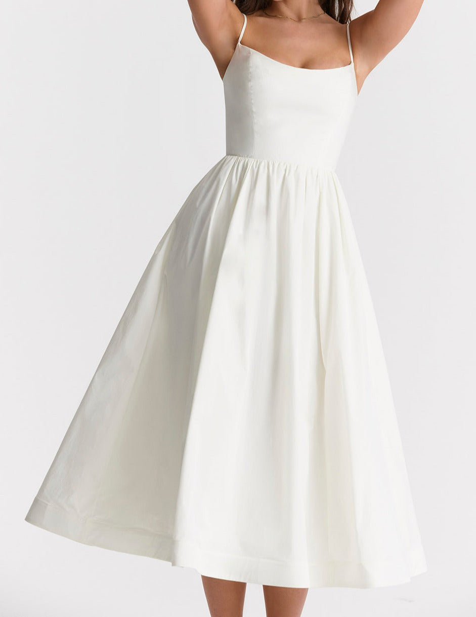Women's Midi Dress - Spaghetti Straps - Fitted Bodice - A-Line Flowy Silhouette