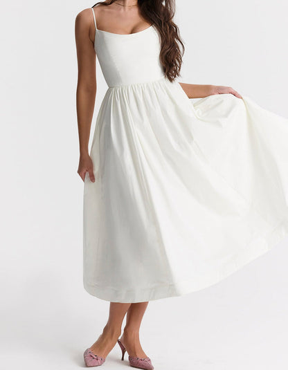 Women's Midi Dress - Spaghetti Straps - Fitted Bodice - A-Line Flowy Silhouette