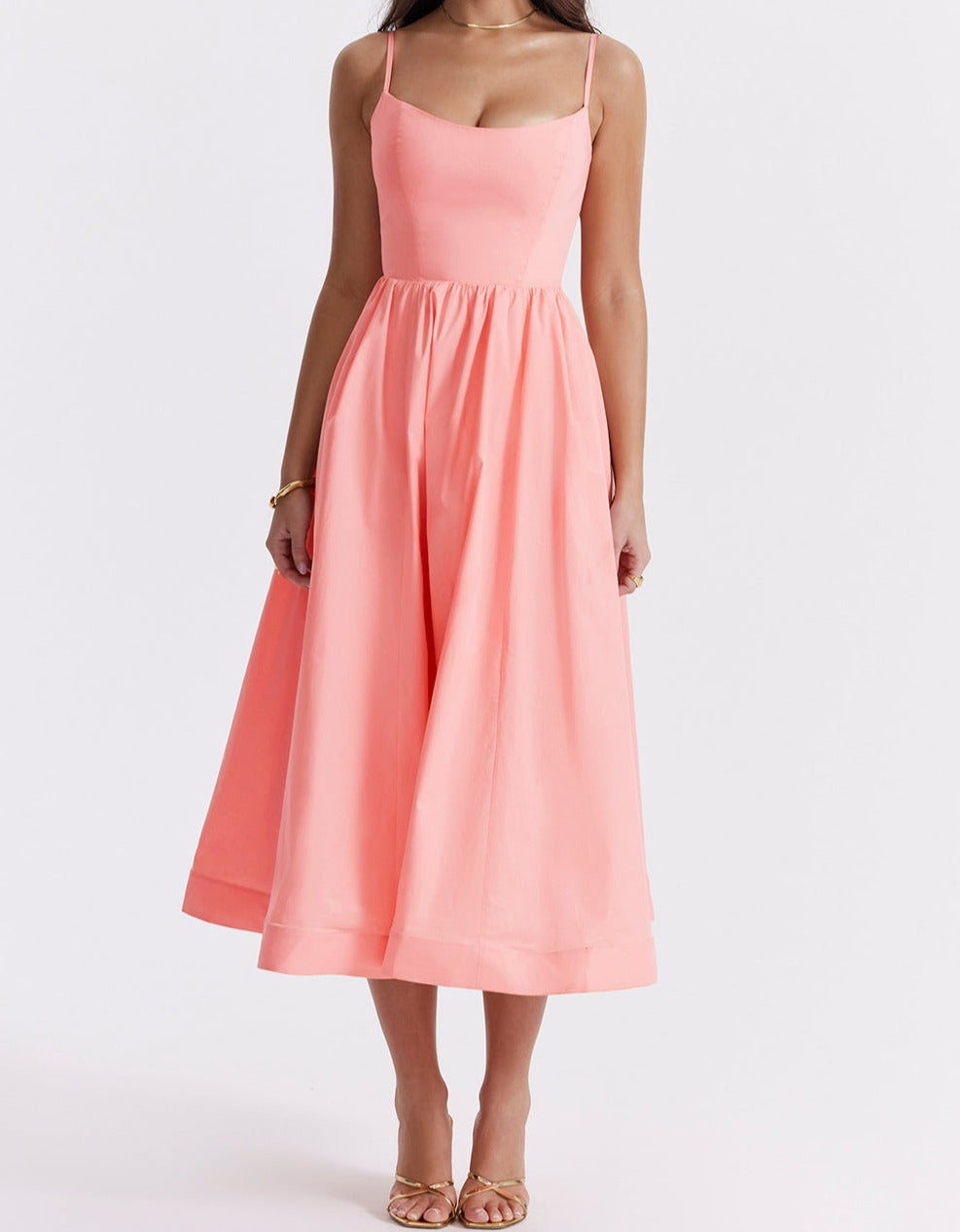 Women's Midi Dress - Spaghetti Straps - Fitted Bodice - A-Line Flowy Silhouette