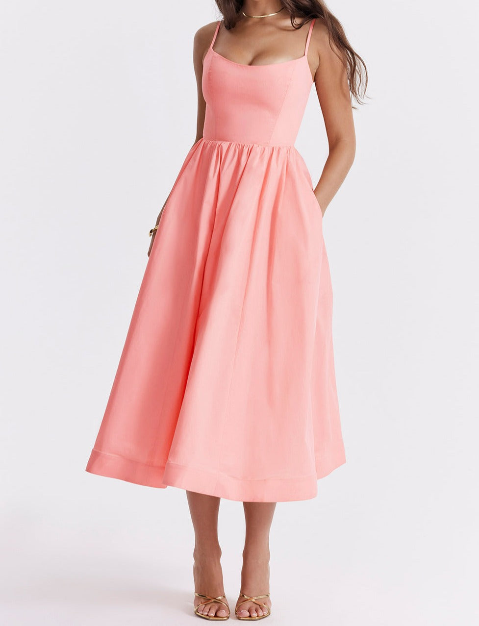 Women's Midi Dress - Spaghetti Straps - Fitted Bodice - A-Line Flowy Silhouette