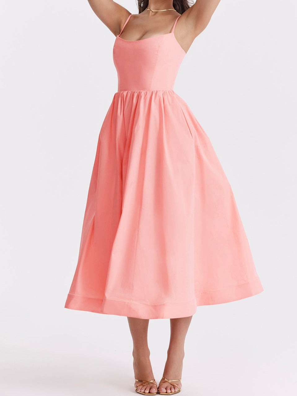 Women's Midi Dress - Spaghetti Straps - Fitted Bodice - A-Line Flowy Silhouette